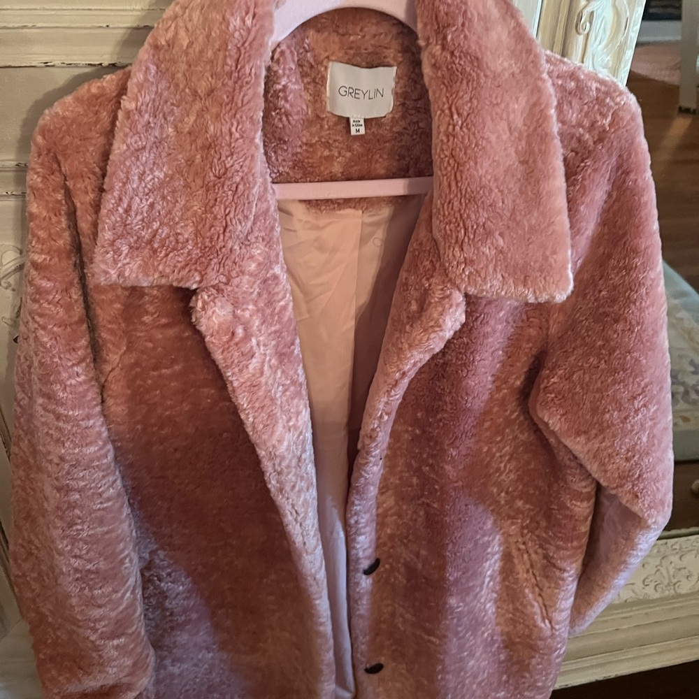 Pink mauve fall fleece teddy bear coat jacket ladies medium